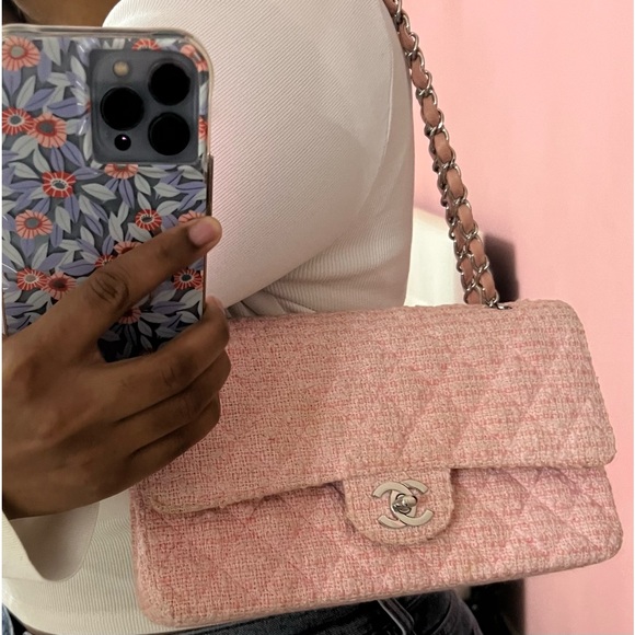 Authentic Chanel Tweed W Flap Pink Quilted Shoulder Bag/ Barbie Pink Chanel - Picture 15 of 16